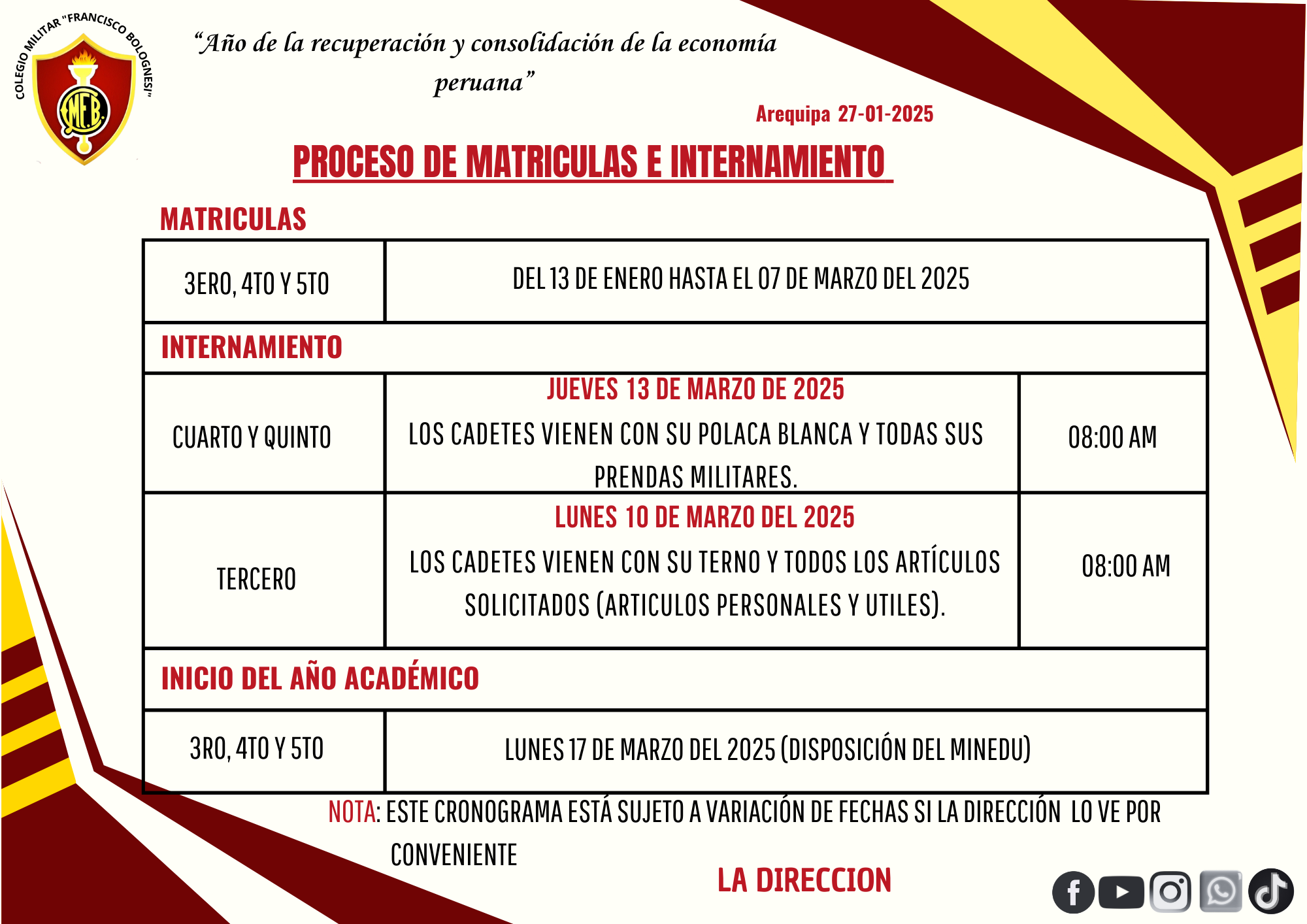 COMUNICADO MATRICULAS E INTERNAMIENTO 2025